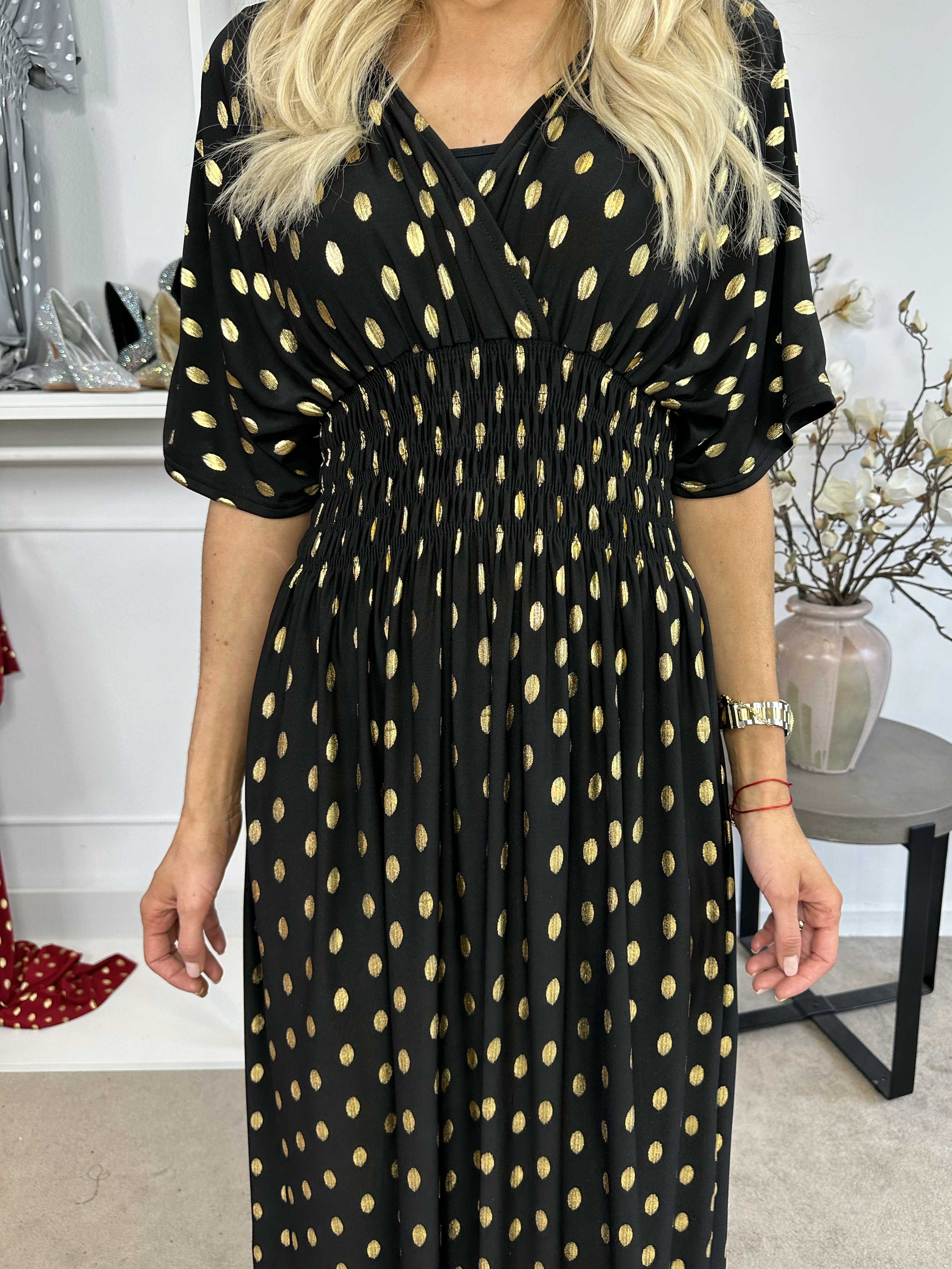 Pams Dot - Lang elastisk kjole med prikket detaljer